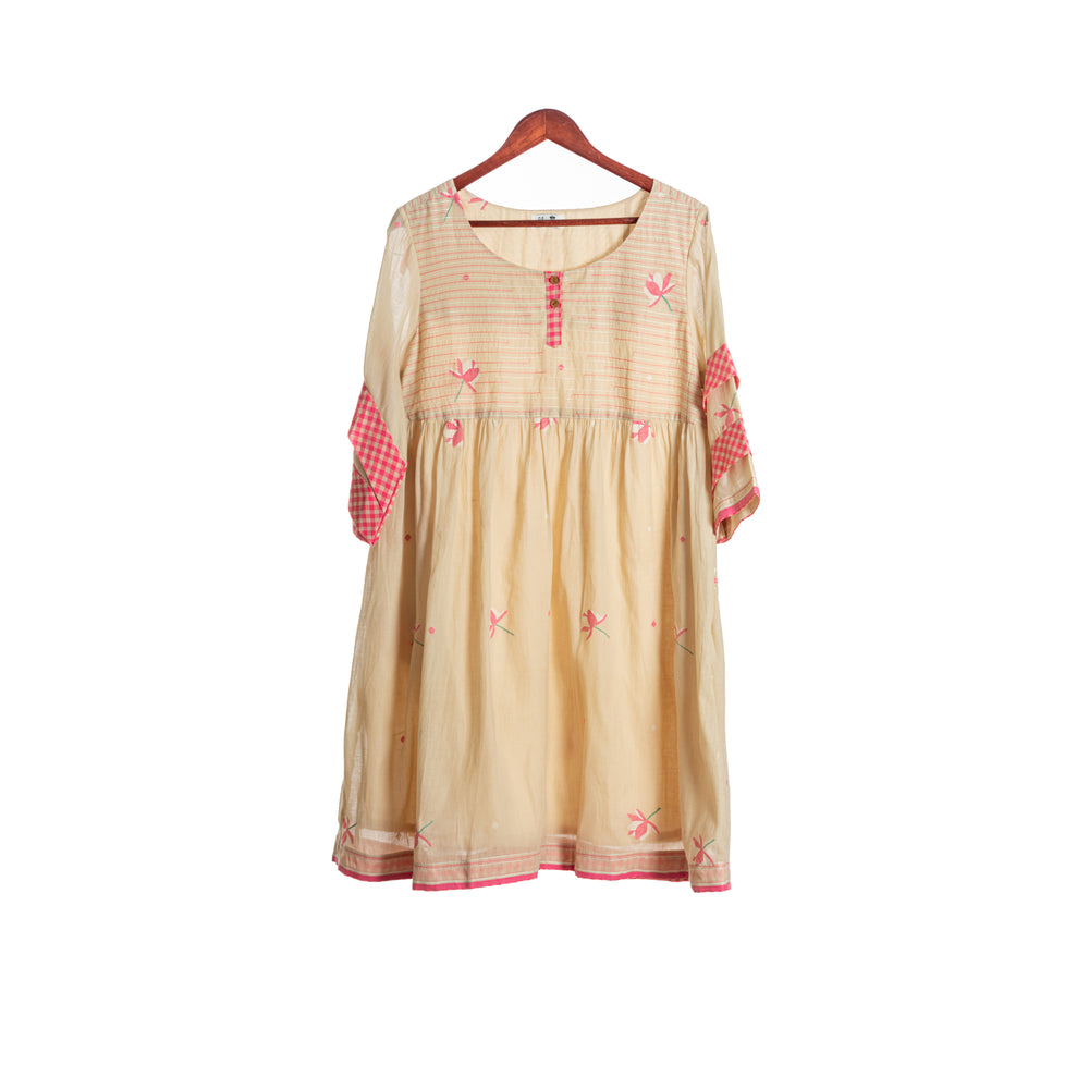 Beige Lotus Jamdani -Flared Dress with Short Yoke