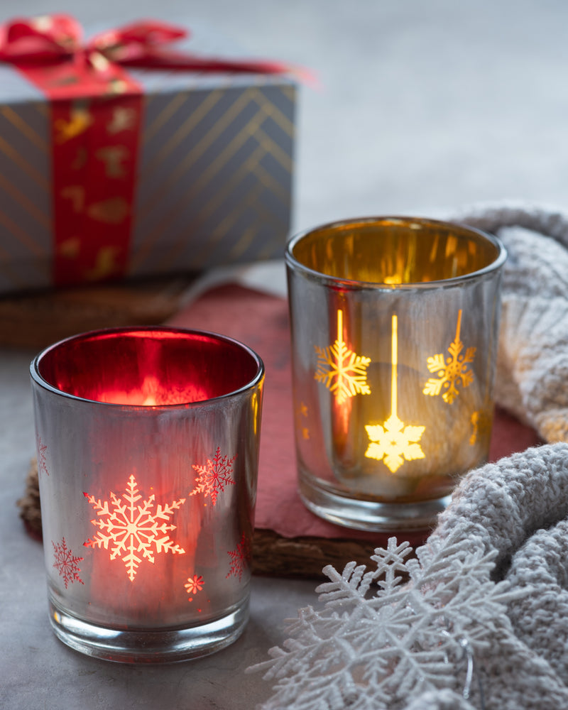 Set of 2 Christmas-Themed Candle Glasses with Tealight Candles (Assorted Designs)