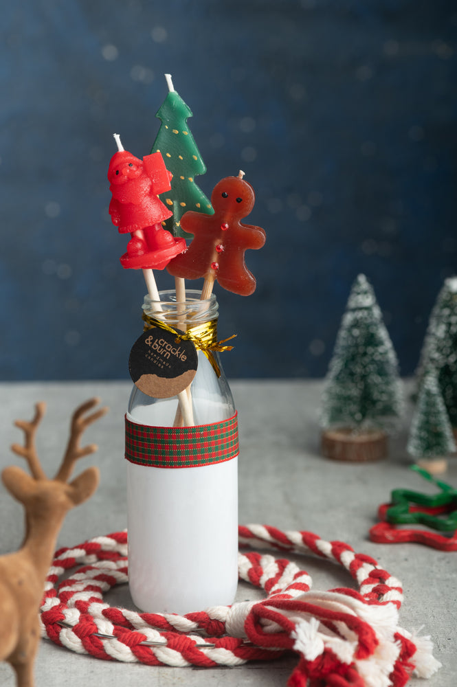 Set of 3 Christmas Candle Sticks in Bottle - Santa, Gingerbread Man & Xmas Tree