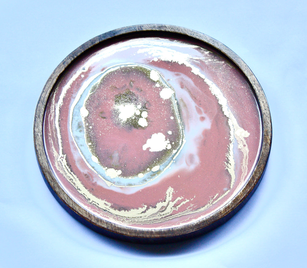 Solid Wood Round Resin Tray - Pink 2