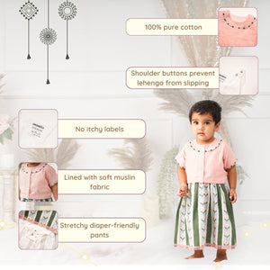 Baby Girl Pink and Green Printed Cotton Lehenga Choli - Set of 2