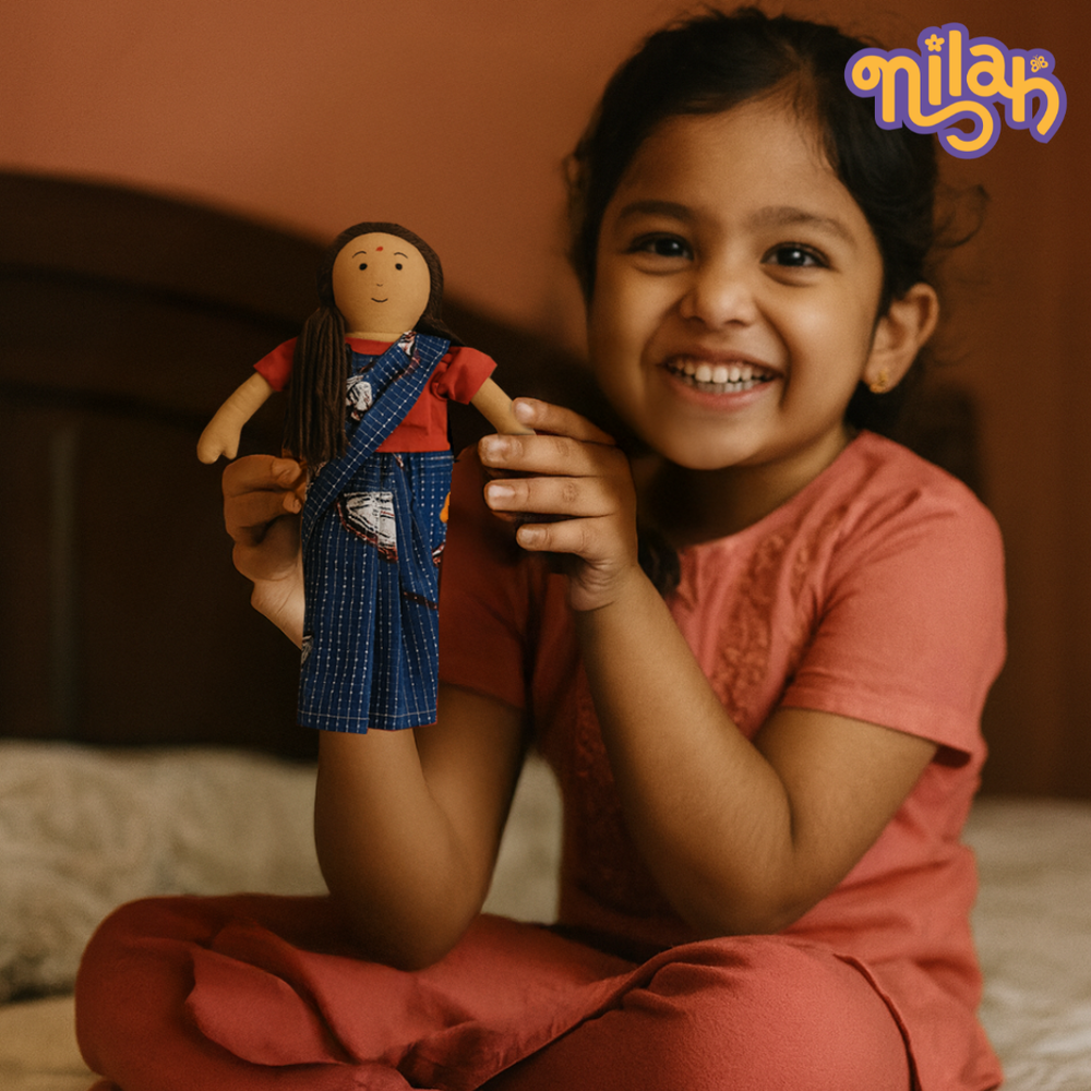 Single Doll - Nilah's Amma, Warm in Blue Saree, Cotton Fabric Toy