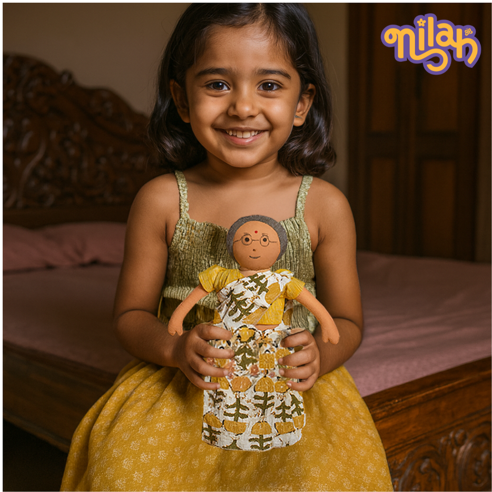 Single Doll - Nilah's Paati in Yellow Saree, Warm, Cotton Fabric Toy
