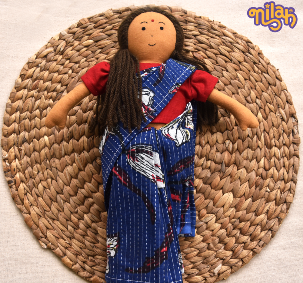 Single Doll - Nilah's Amma, Warm in Blue Saree, Cotton Fabric Toy