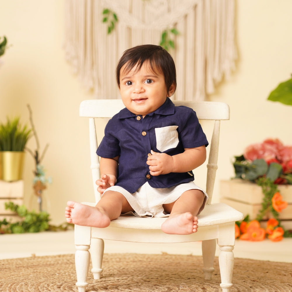 Baby Boy Navy Blue Linen Shirt White Shorts Set of