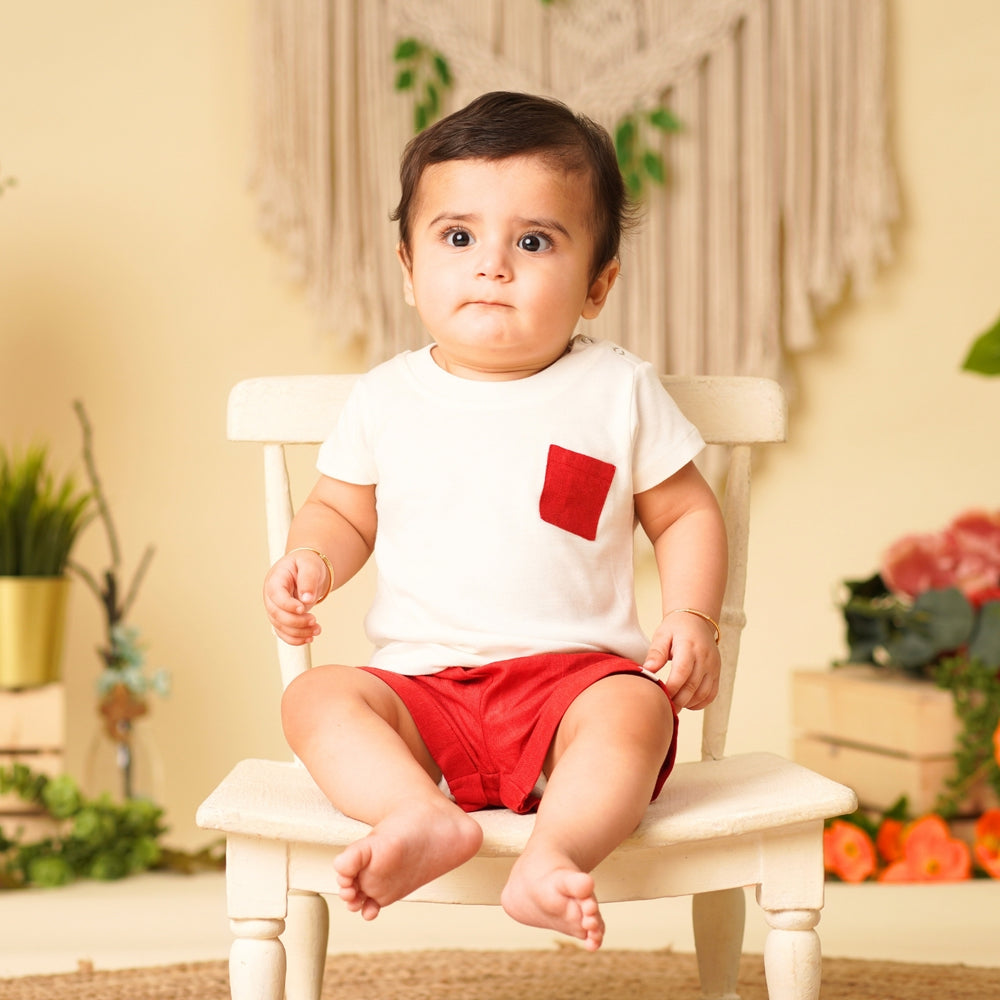 Baby Boy Offwhite Tshirt Red Linen Shorts Set of