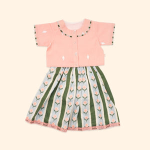 Baby Girl Pink and Green Printed Cotton Lehenga Choli - Set of 2