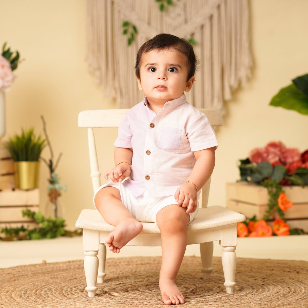 Baby Boy Colorblock Purple and Off White Linen Shirt with Shorts - Set of 2