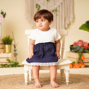 Baby Girl Colorblock Linen Frock in Off White and Navy Blue