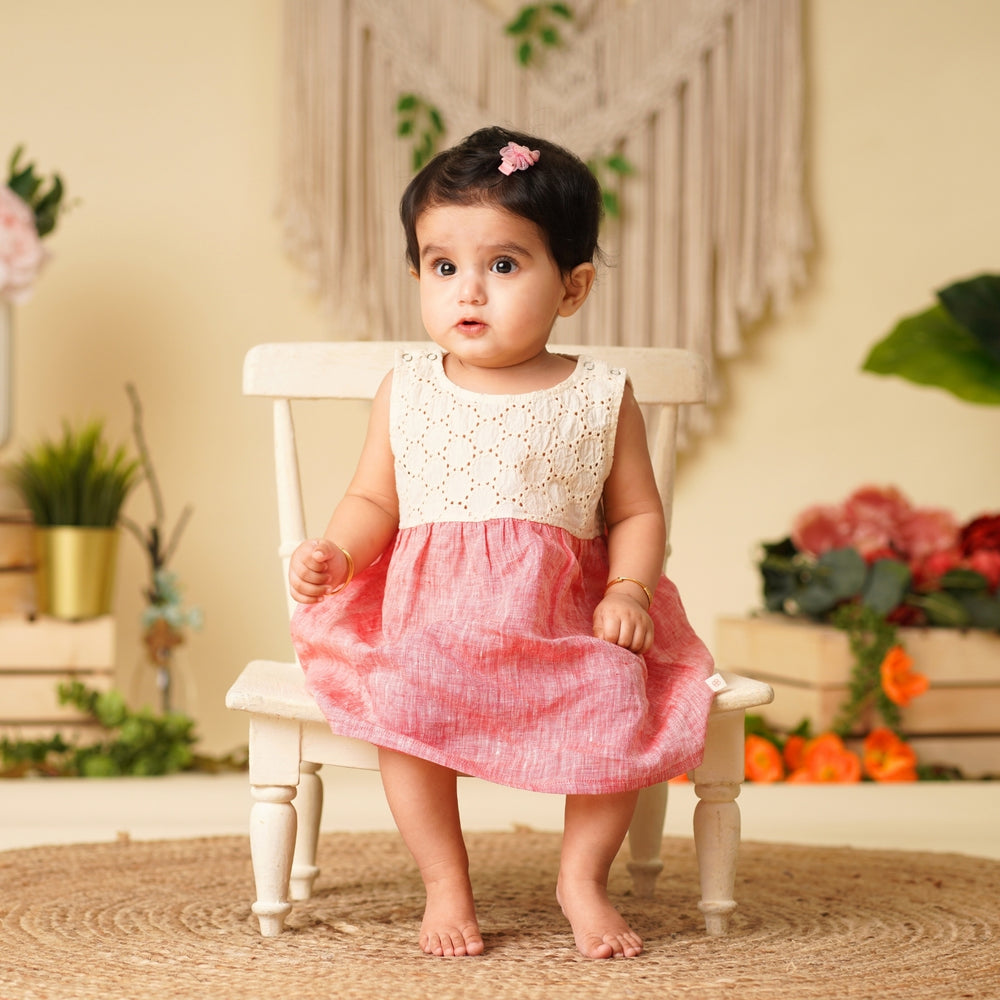 Baby Girl Off White and Red  Colorblock Linen Frock