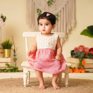 Baby Girl Off White and Red  Colorblock Linen Frock