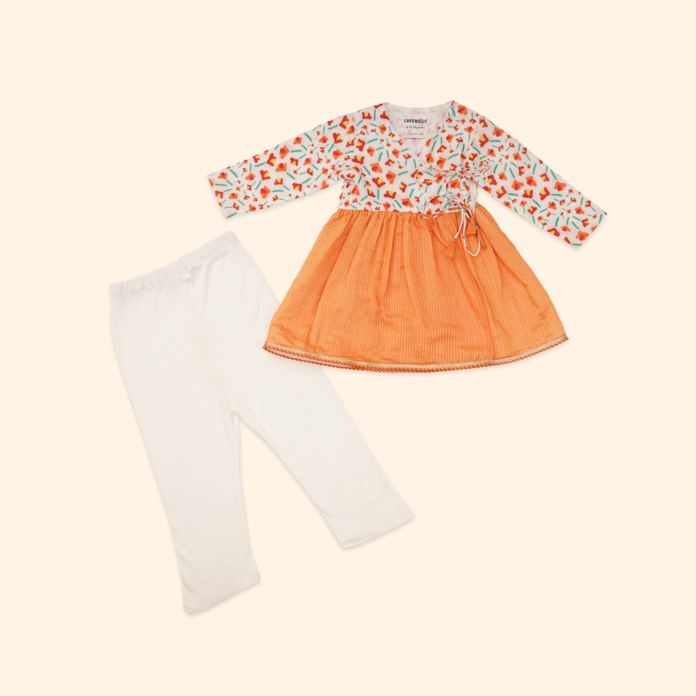 Baby Girl Orange Printed Cotton  Angarkha Kurta with Pant - Set of 2