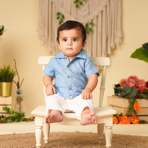 Baby Boy Blue Linen Shirt with White Pants - Set of 2