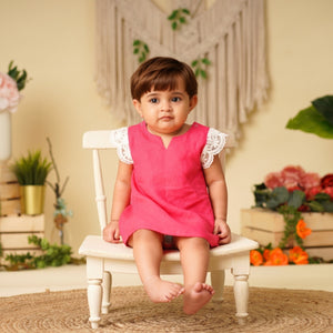 Baby Girl Pink Linen Frock with Lace