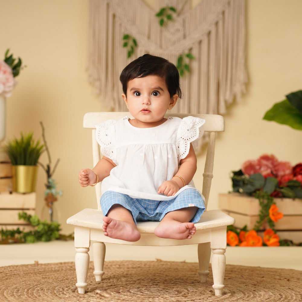 Baby Girl White  Cotton Top with Blue Linen Pants - Set of 2