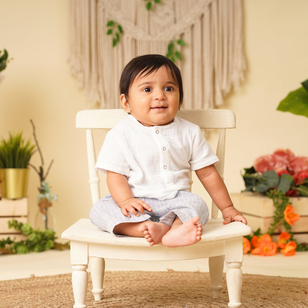 Baby Boy White  Cotton Shirt with Blue Linen Pants - Set of 2