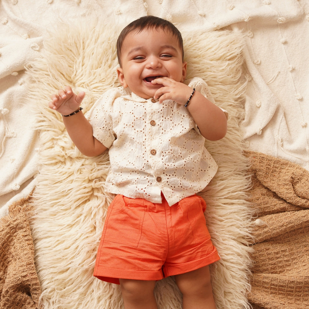 Baby Boy Off White Schiffli Shirt & Orange Shorts - Set of 2