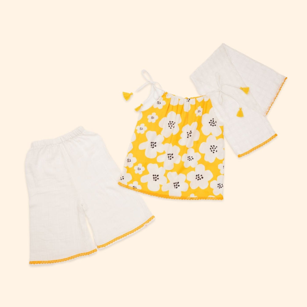 Baby Girl Yellow Printed Cotton Kurta with Pallazo and Dupatta - Set of 3