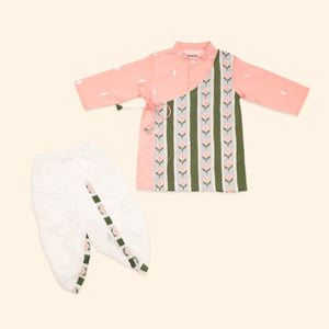 Baby Boy Pink and Green Printed Cotton  Angarkha Kurta with Dhoti Pant - Set of 2