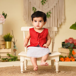 Baby Girl Red Linen Top and Blue Shorts - Set of 2