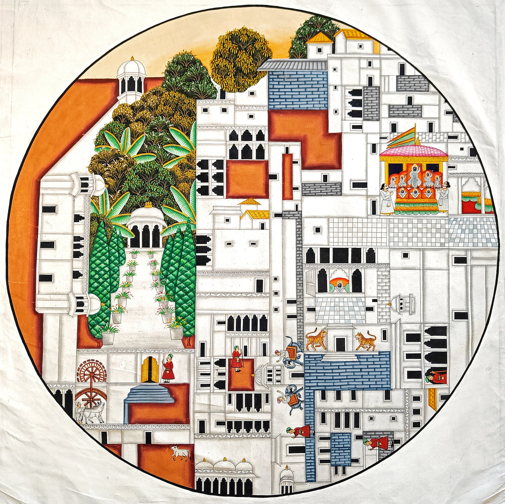 Circular Pichvai: Nathdwara Map (Landscape)(Framed)