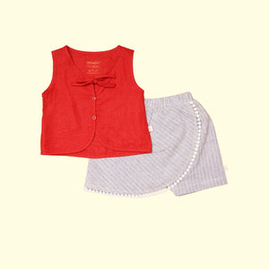 Baby Girl Red Linen Top and Blue Shorts - Set of 2