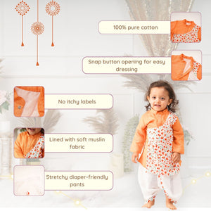 Baby Boy Orange Printed Cotton  Angarkha Kurta with Dhoti Pant - Set of 2