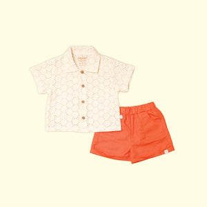 Baby Boy Off White Schiffli Shirt & Orange Shorts - Set of 2