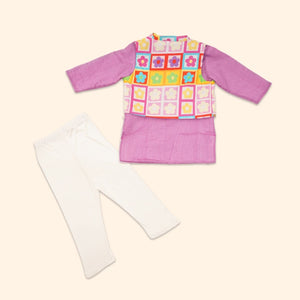 Baby Boy Purple Printed Cotton Kurta with Bundi and Pant - Set of 3