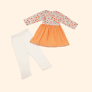 Baby Girl Orange Printed Cotton  Angarkha Kurta with Pant - Set of 2