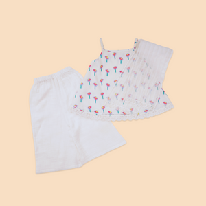 Baby Girl Off White Printed Cotton Kurta with Pallazo and Dupatta - Set of 3