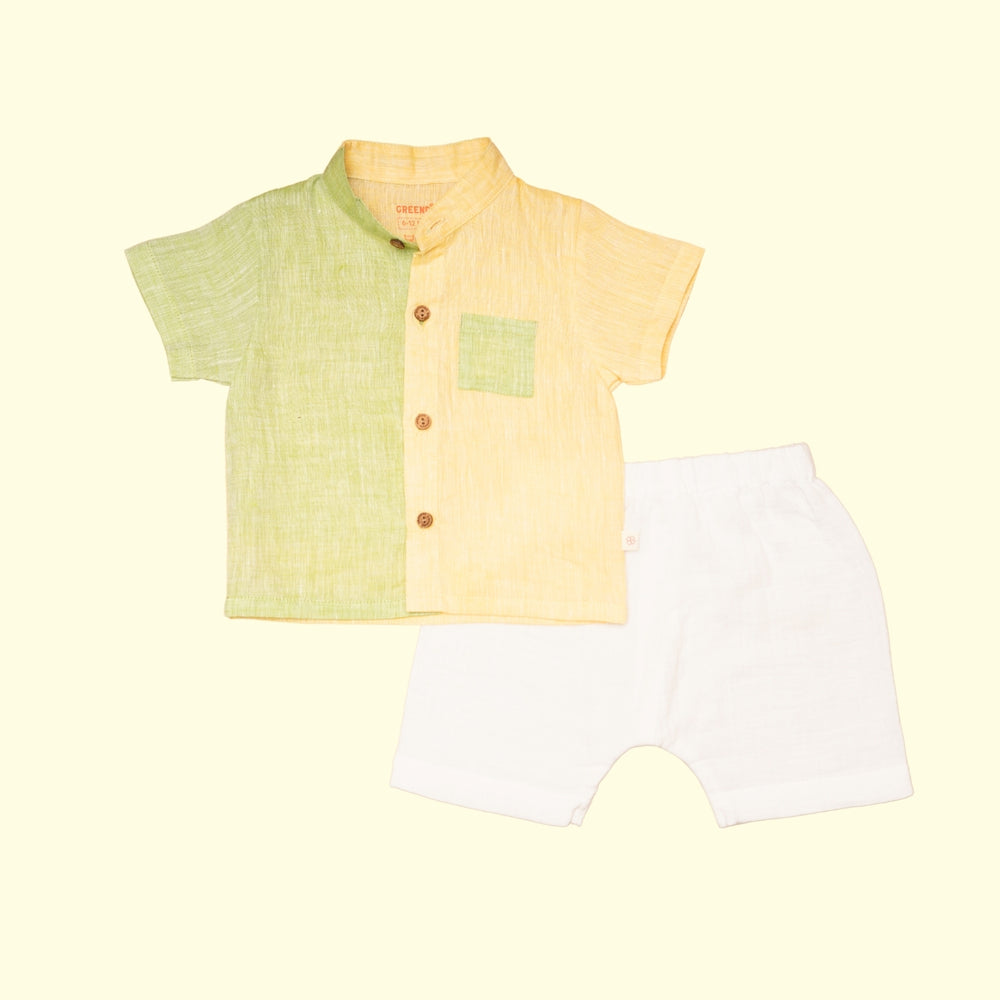 Baby Boy Colorblock Green and Yellow Linen Shirt with Shorts - Set of 2