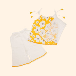 Baby Girl Yellow Printed Cotton Kurta with Pallazo and Dupatta - Set of 3