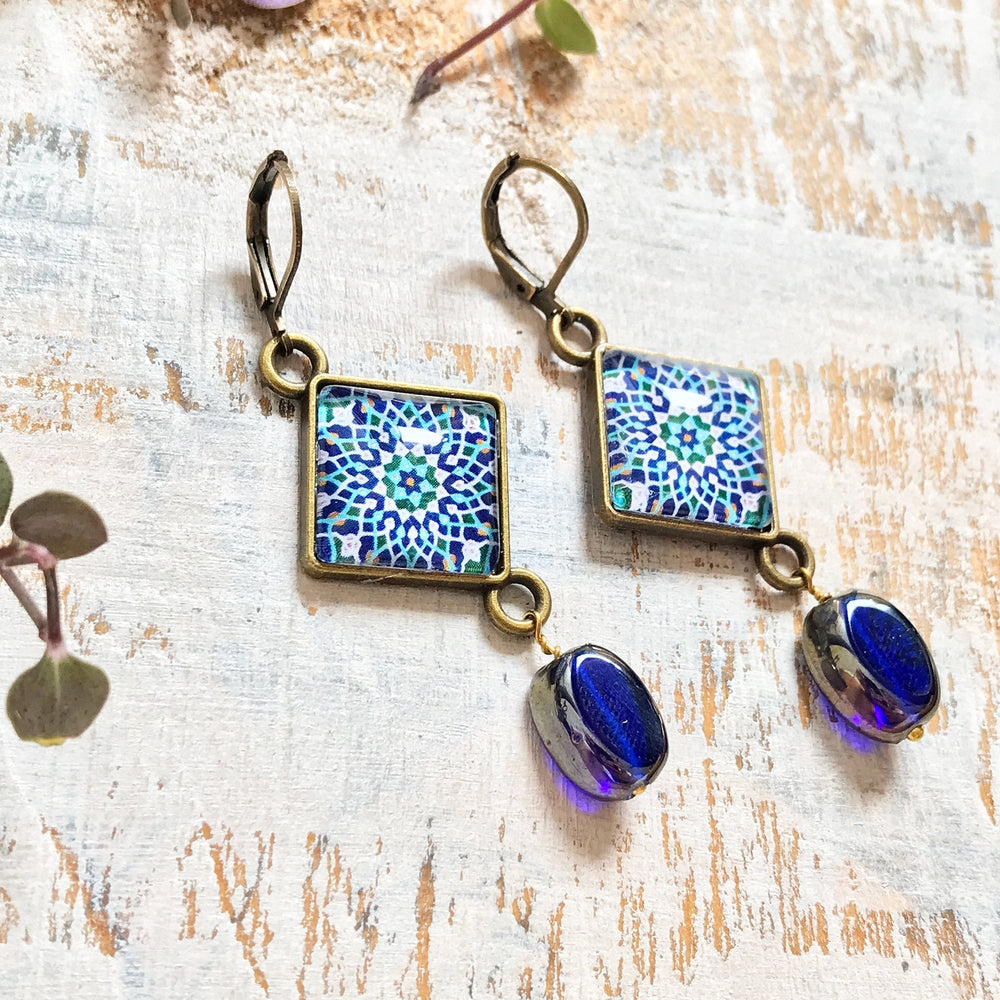 Hanging Earrings with Bead - Mosaic Islamic Pattern Blue