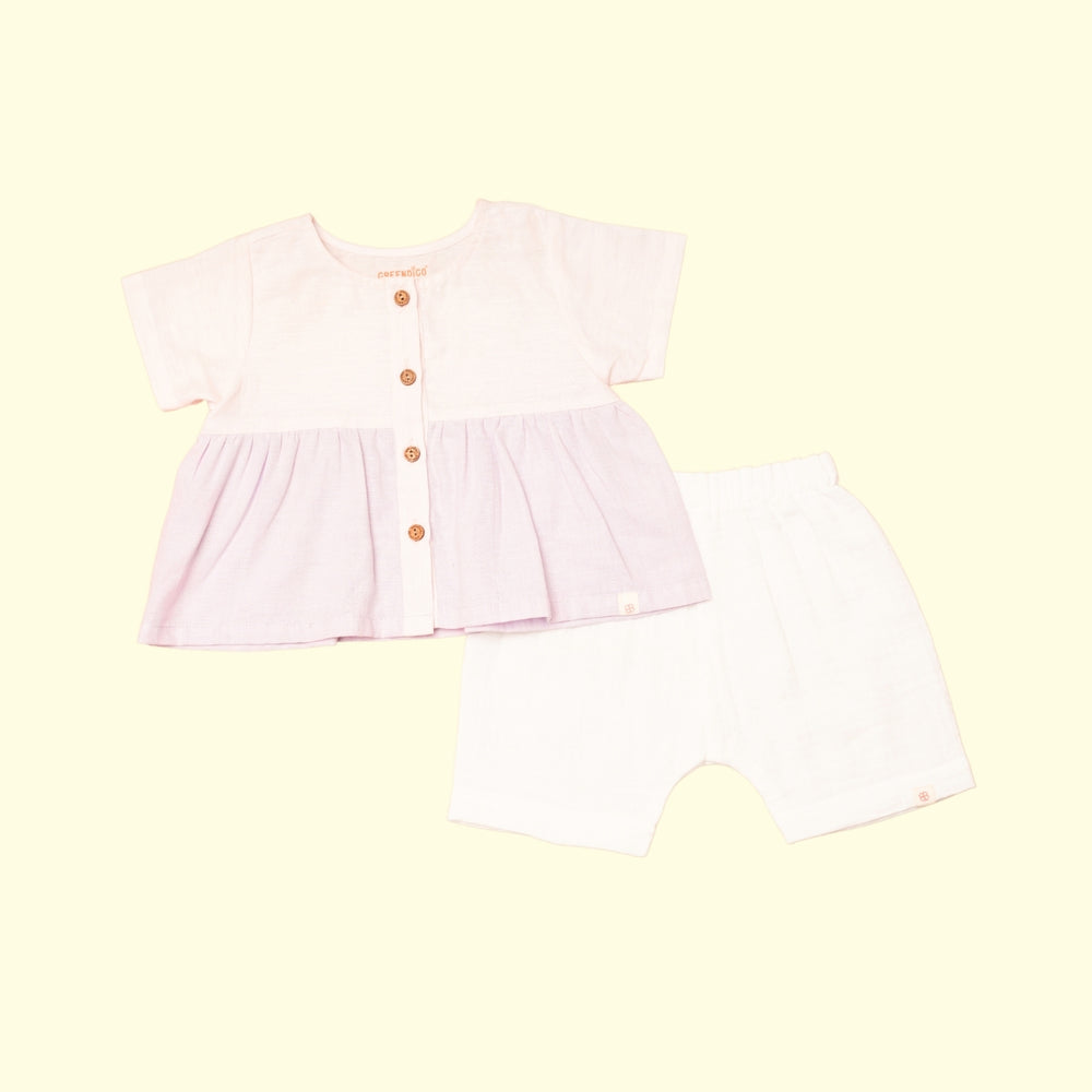 Baby Girl Colorblock Purple and White Linen Top with Shorts - Set of 2