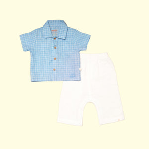 Baby Boy Blue Linen Shirt with White Pants - Set of 2