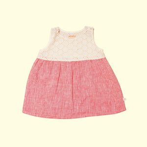 Baby Girl Off White and Red  Colorblock Linen Frock