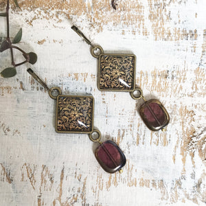 Hanging Earrings with Bead - Gold Leaf, Painted Medallion Kashmir