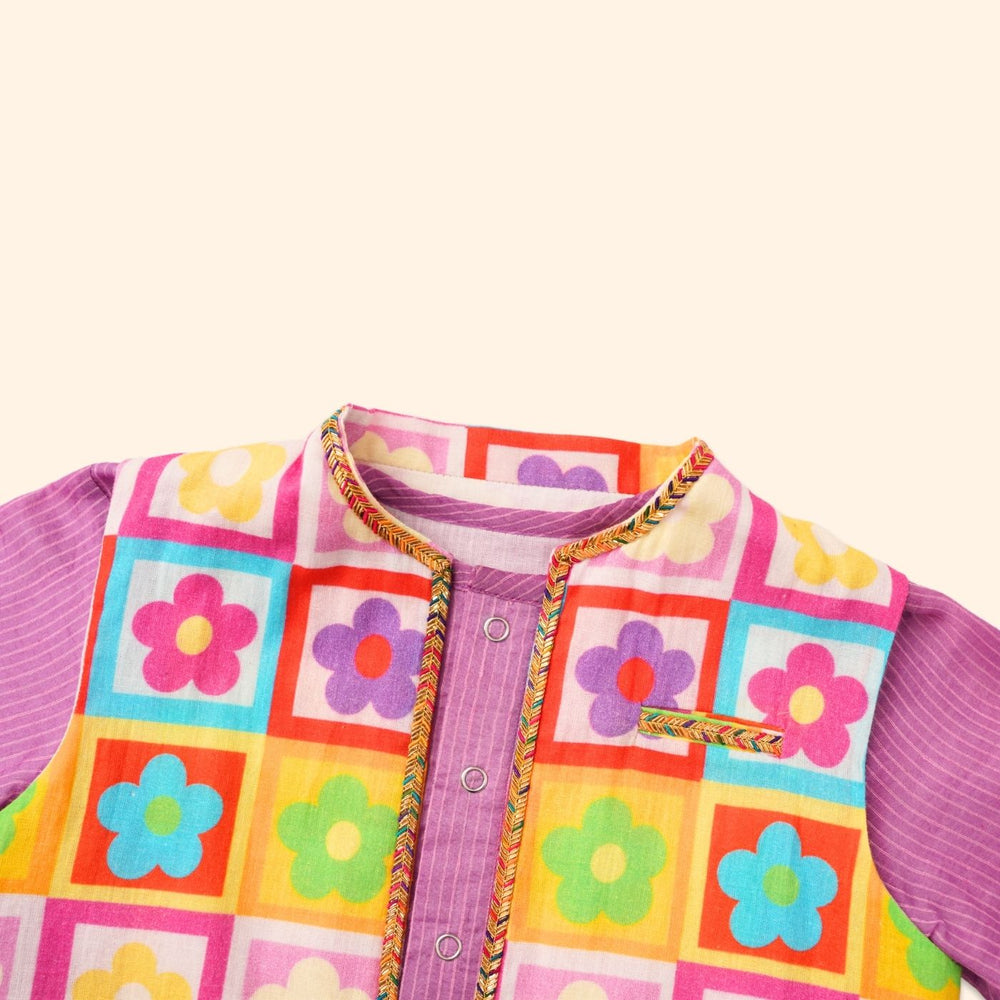 Baby Boy Purple Printed Cotton Kurta with Bundi and Pant - Set of 3