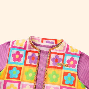 Baby Boy Purple Printed Cotton Kurta with Bundi and Pant - Set of 3