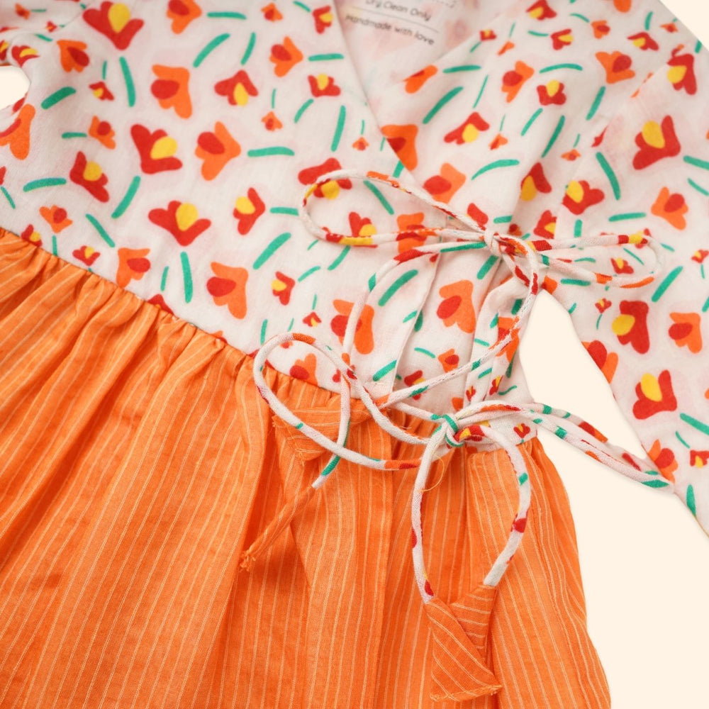Baby Girl Orange Printed Cotton  Angarkha Kurta with Pant - Set of 2