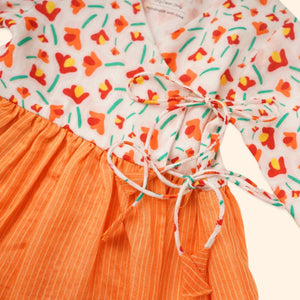 Baby Girl Orange Printed Cotton  Angarkha Kurta with Pant - Set of 2