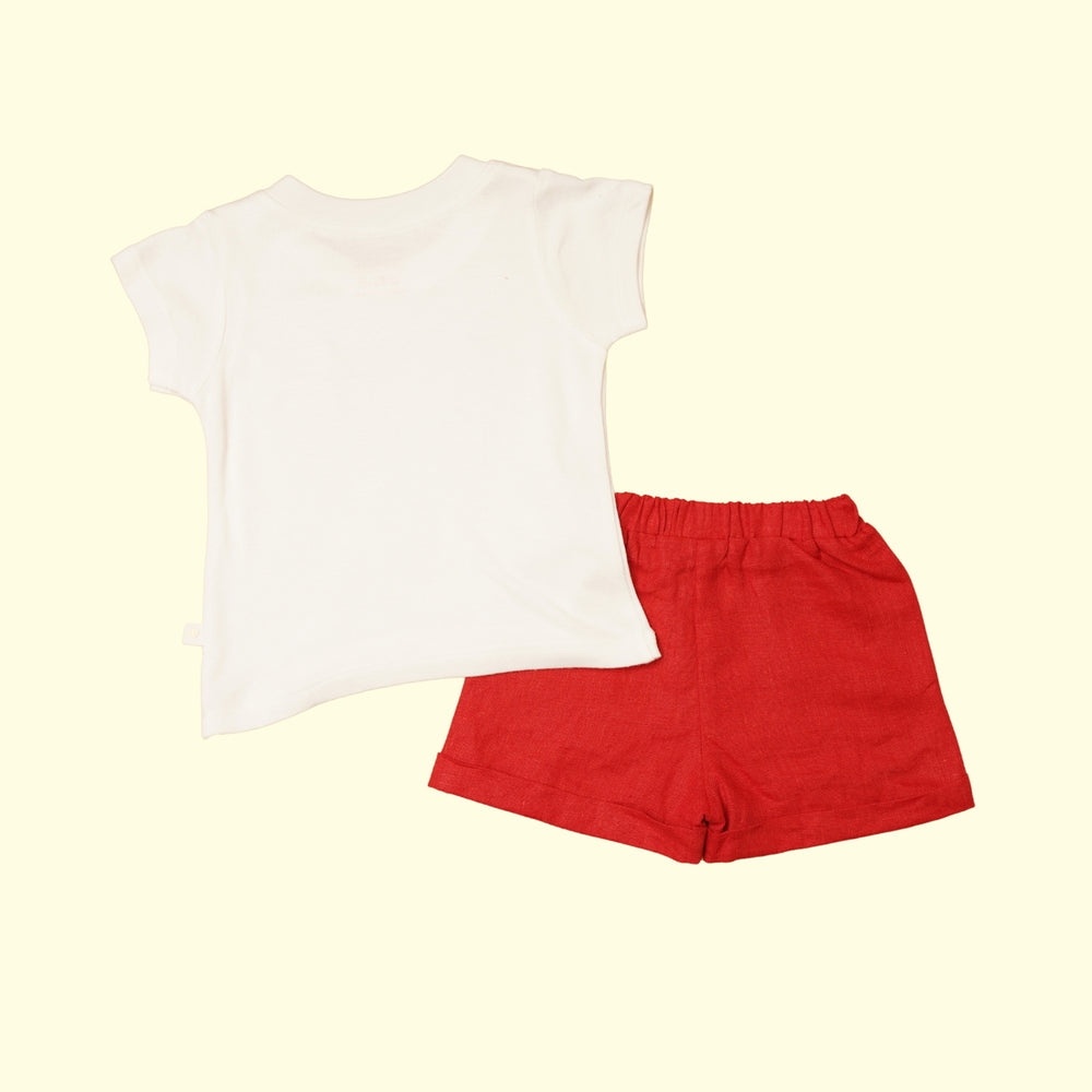 Baby Boy Offwhite Tshirt & Red Linen Shorts - Set of 2