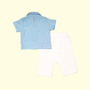 Baby Boy Blue Linen Shirt with White Pants - Set of 2