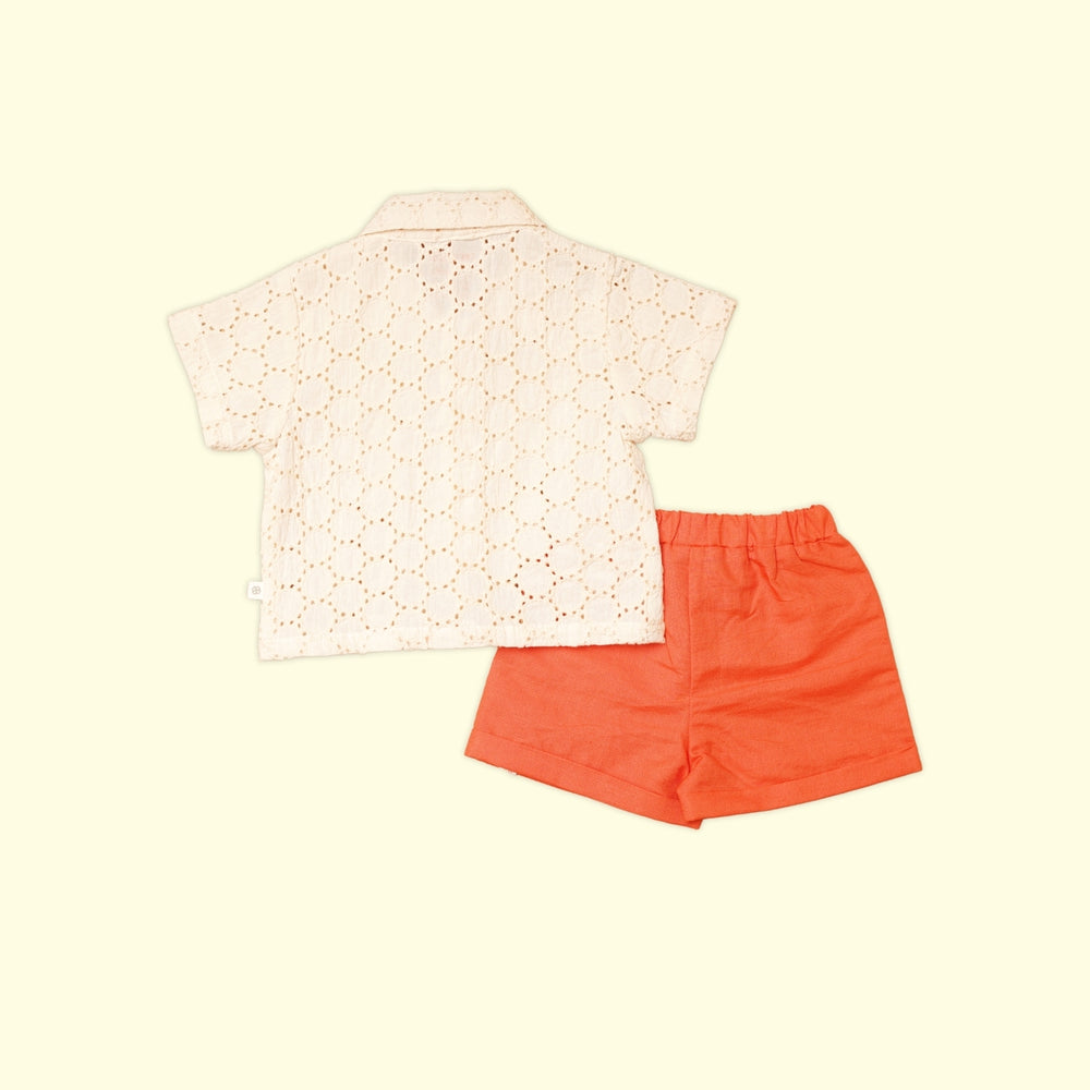 Baby Boy Off White Schiffli Shirt & Orange Shorts - Set of 2