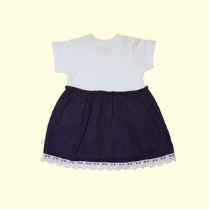 Baby Girl Colorblock Linen Frock in Off White and Navy Blue