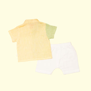 Baby Boy Colorblock Green and Yellow Linen Shirt with Shorts - Set of 2