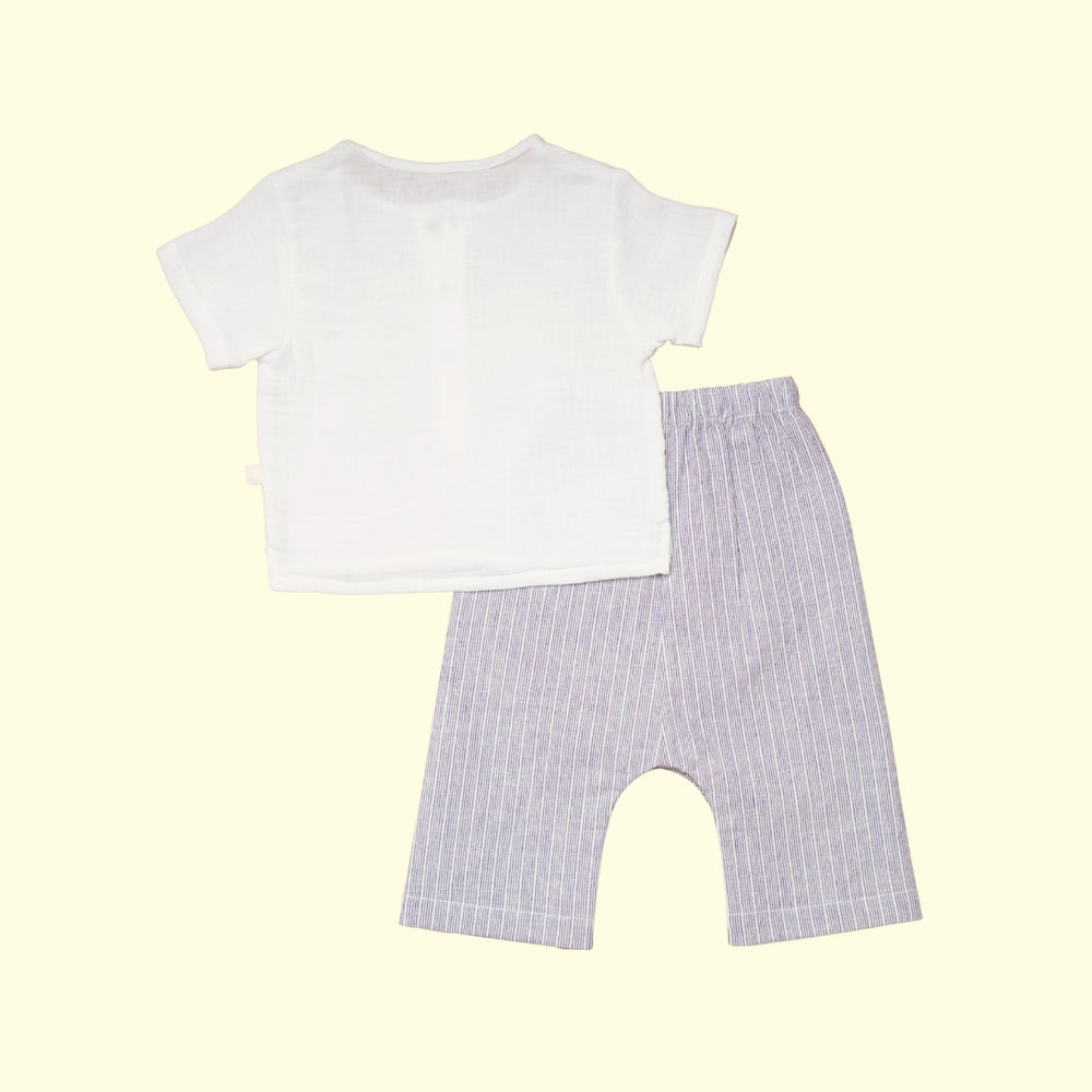Baby Boy White  Cotton Shirt with Blue Linen Pants - Set of 2