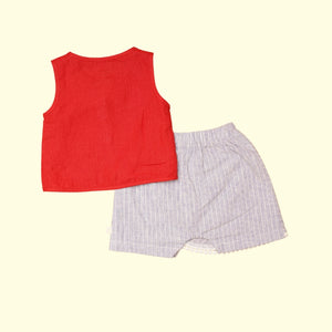 Baby Girl Red Linen Top and Blue Shorts - Set of 2