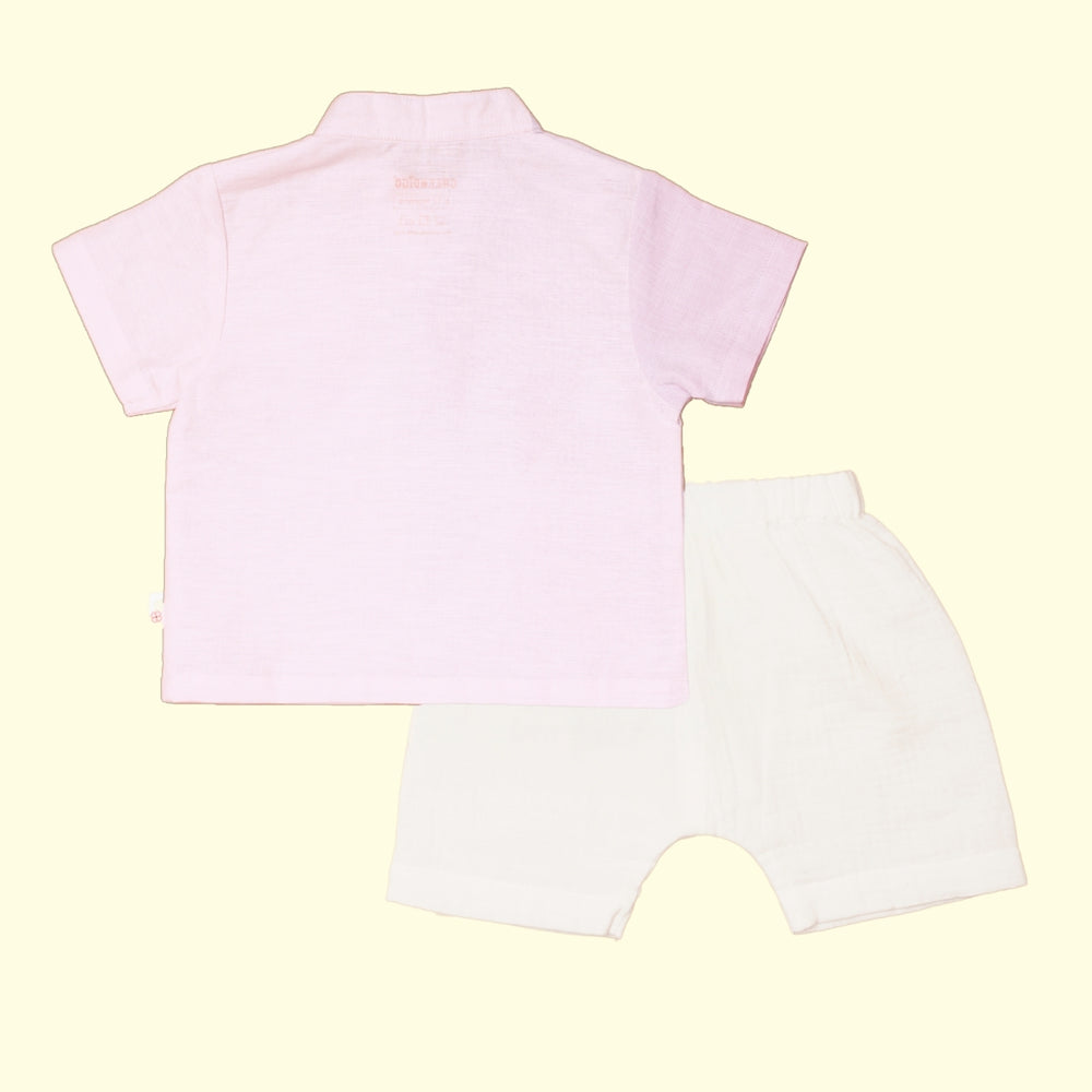 Baby Boy Colorblock Purple and Off White Linen Shirt with Shorts - Set of 2